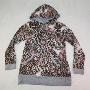 Naturecore Leopard Sweatshirt Womens Small Whimsigoth Brown Pink Floral Hoodie